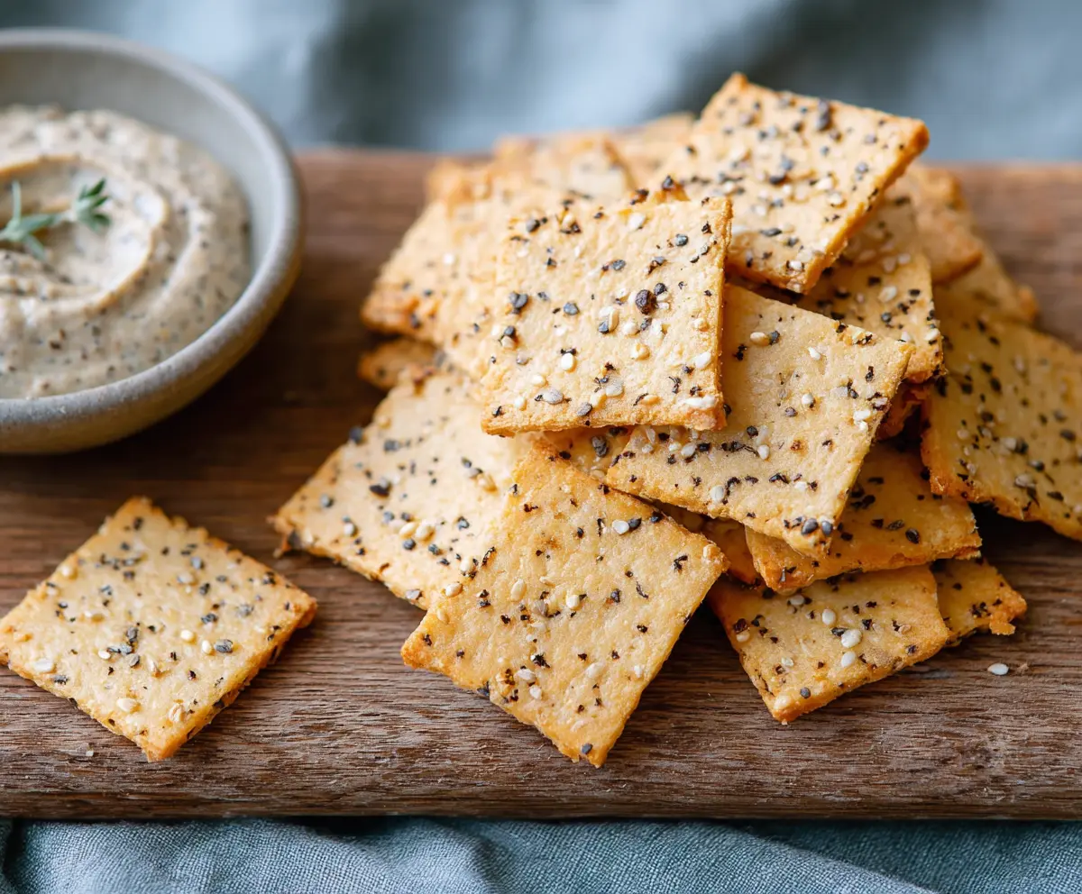 Homemade almond flour crackers on a wooden platter, perfect for healthy snacking