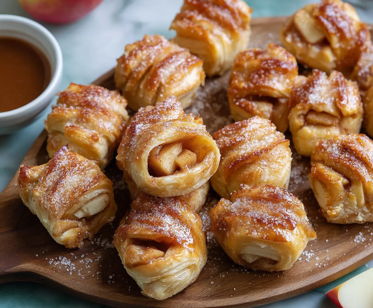 Delicious apple pie bites with flaky crust and cinnamon filling on a white plate.