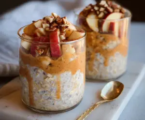 Creamy apple pie overnight oats topped with sliced apples and cinnamon for a healthy breakfast.