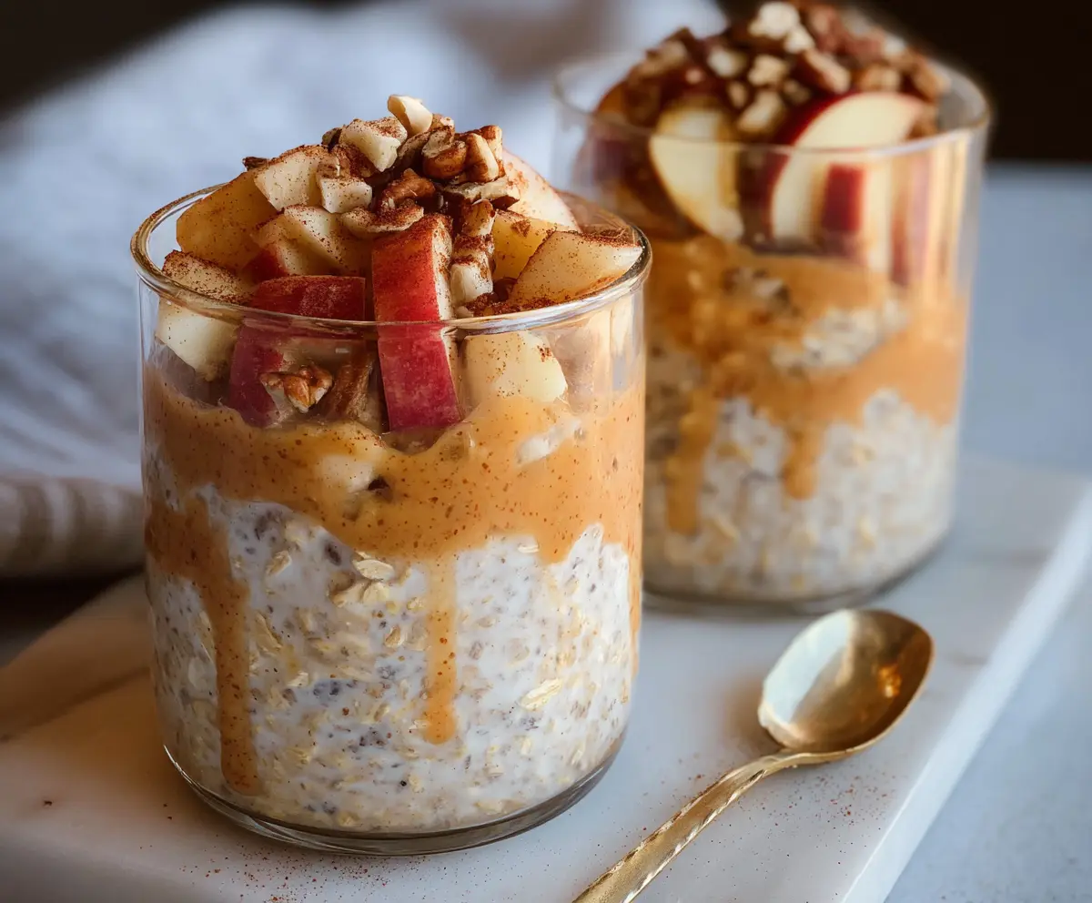 Creamy apple pie overnight oats topped with sliced apples and cinnamon for a healthy breakfast.