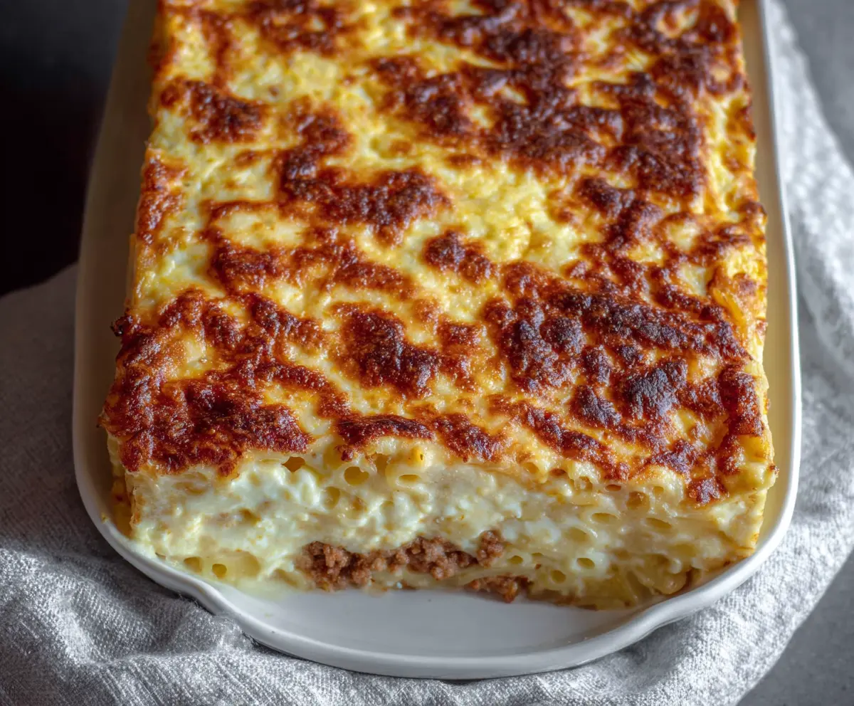 Delicious authentic Greek Pastitsio with layered pasta, rich béchamel sauce, and seasoned ground beef.