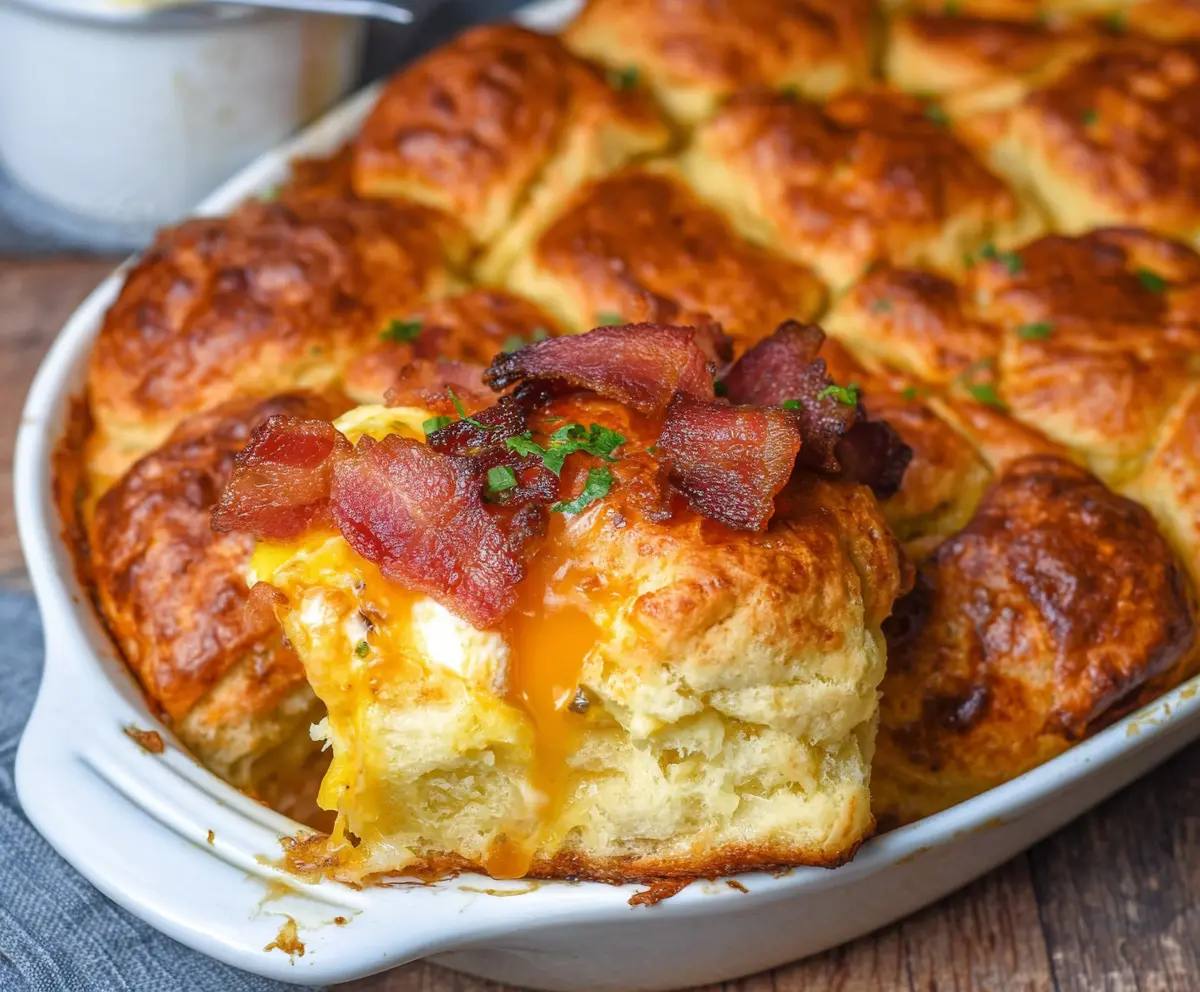 Delicious Bacon Egg and Cheese Biscuit Bake served hot with crispy bacon and melted cheese.