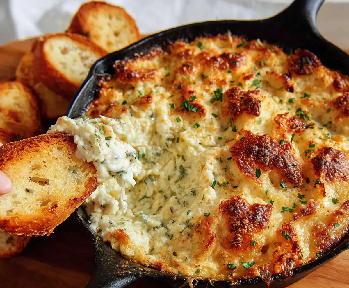 Delicious Baked Garlic Bread Dip served with fresh herbs and crispy bread slices