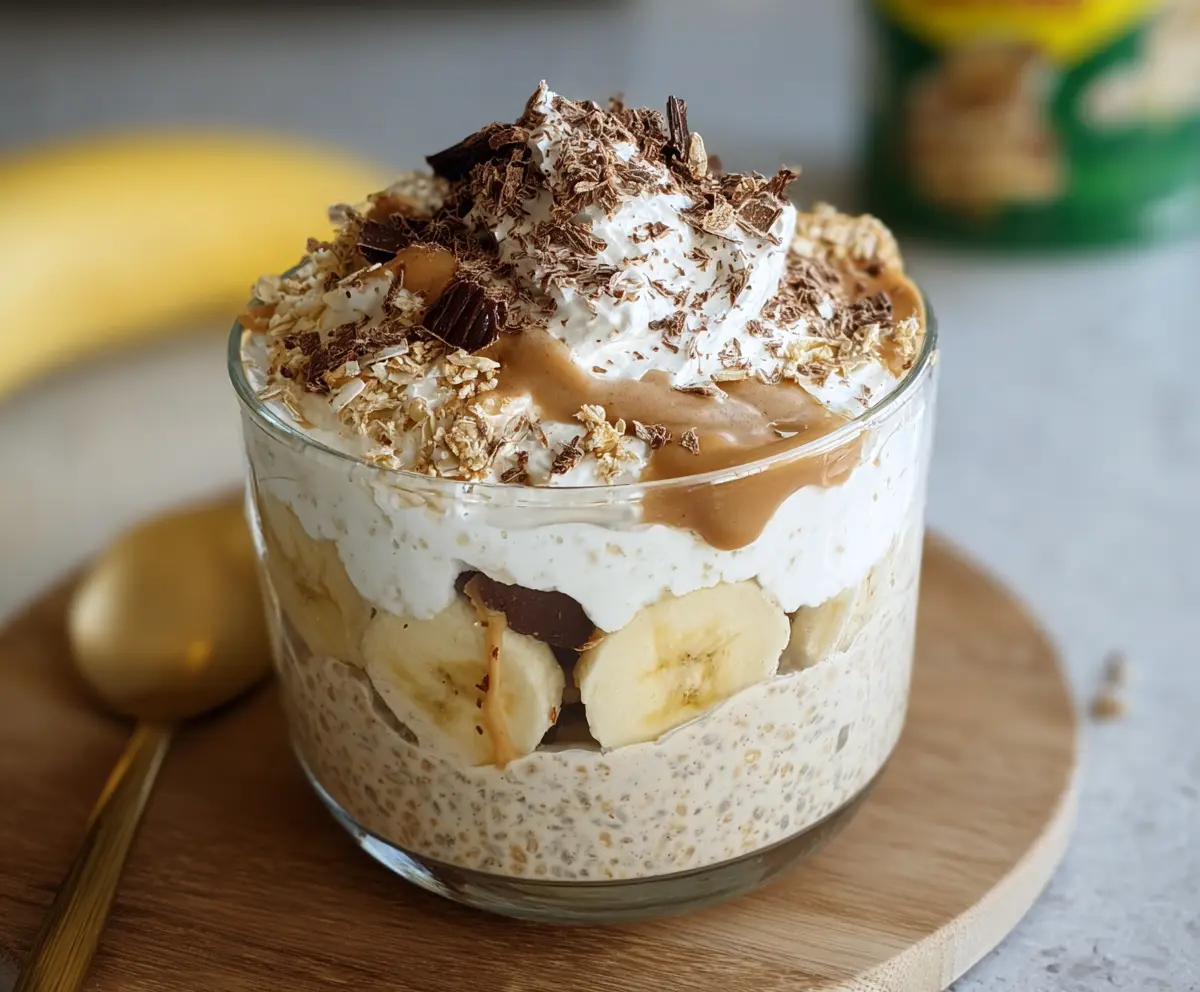 Delicious Banoffee Pie Overnight Oats topped with caramelized bananas and whipped cream.