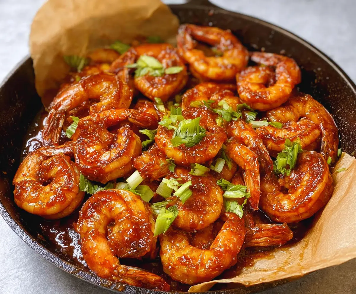 Juicy grilled barbecue shrimp served with a side of fresh herbs on a rustic plate.