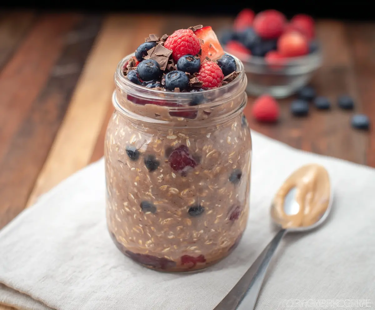 Creamy Berry Chocolate Overnight Oats in a glass jar with fresh berries and chocolate shavings.