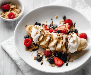 Colorful breakfast banana split with fresh fruits and yogurt served in a bowl.