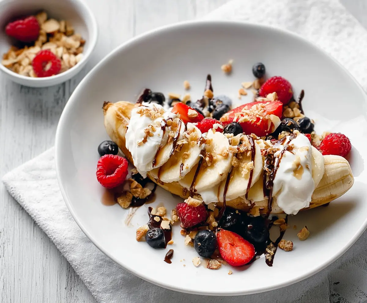 Colorful breakfast banana split with fresh fruits and yogurt served in a bowl.
