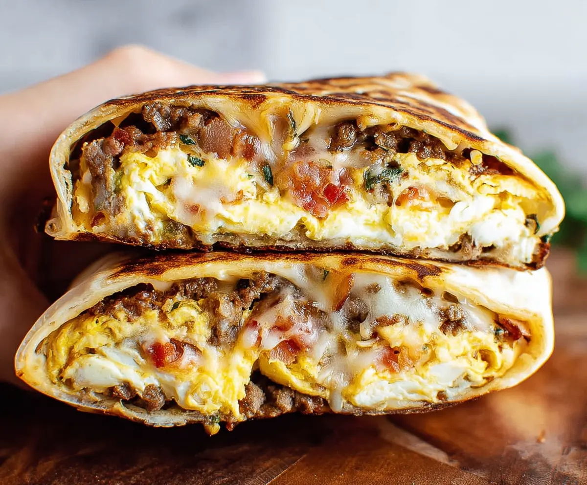 Delicious Breakfast Crunchwrap filled with eggs, sausage, cheese, and crispy hash browns, perfect for a hearty morning meal.