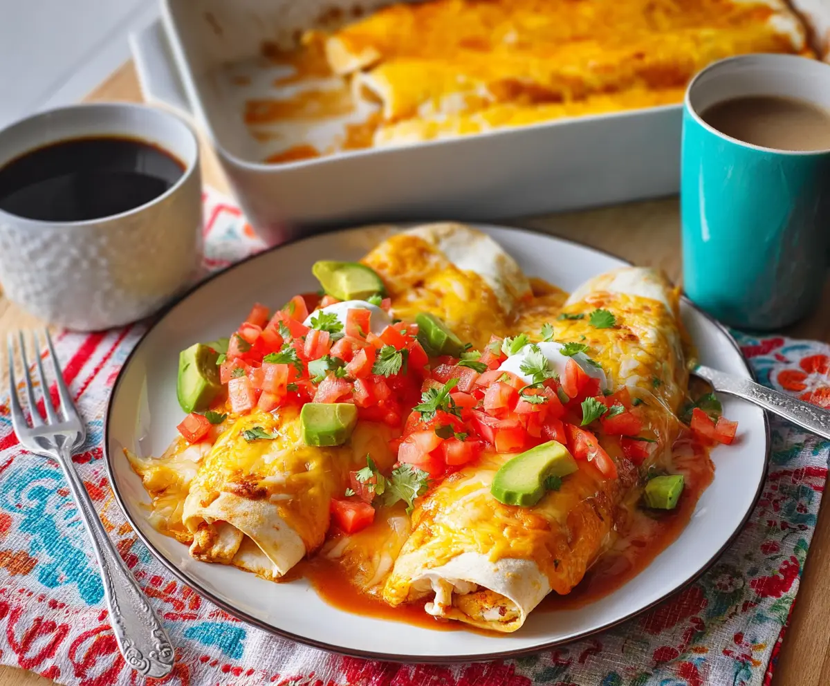 Delicious breakfast enchiladas with melted cheese and fresh toppings on a plate.