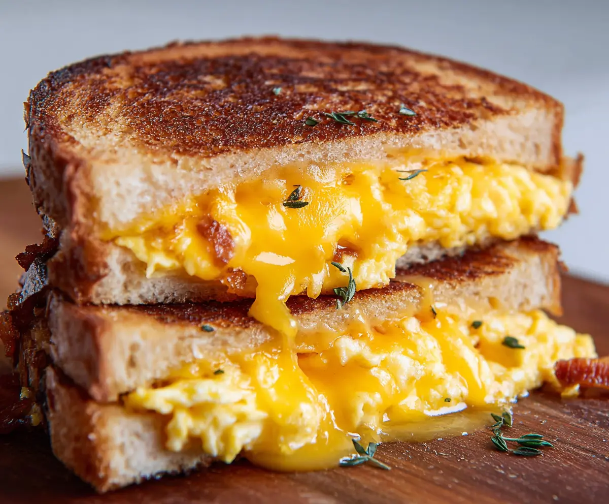 Delicious breakfast grilled cheese sandwich with melted cheese and crispy bread.