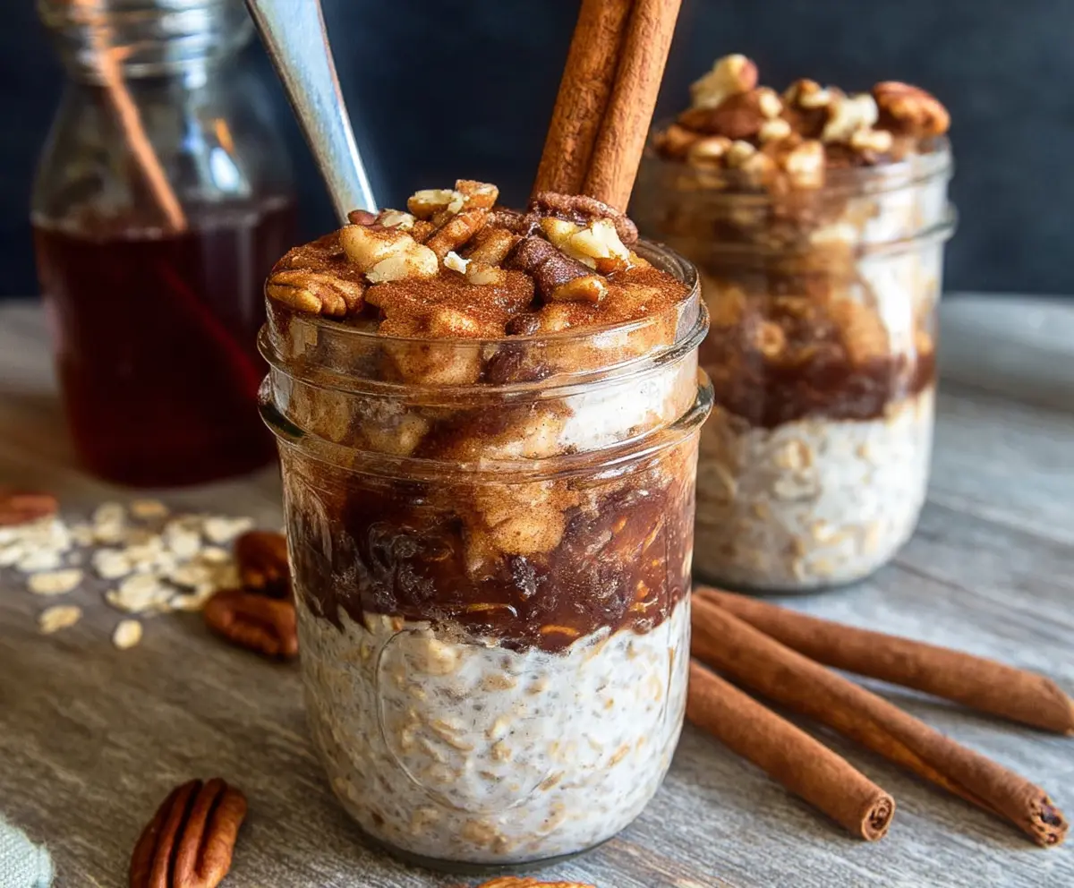 Healthy brown sugar cinnamon overnight oats in a jar topped with fresh fruit for a nutritious breakfast.