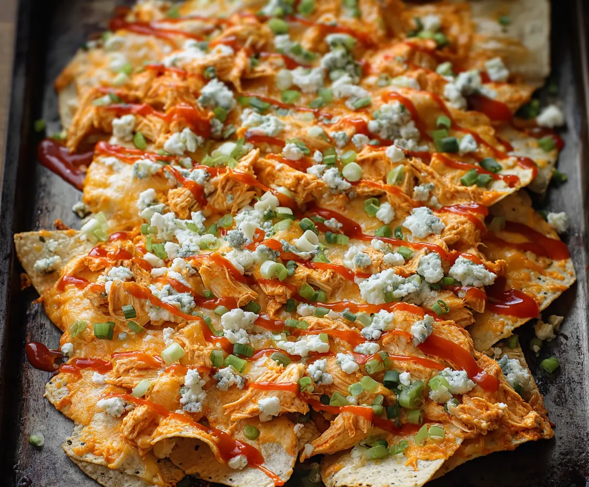 Crunchy buffalo chicken nachos topped with melted cheese, blue cheese crumbles, and chopped green onions.
