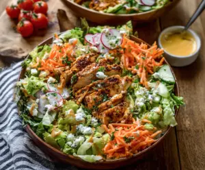 Creamy Buffalo Ranch Chicken Salad with Fresh Vegetables and Crispy Tortilla Chips