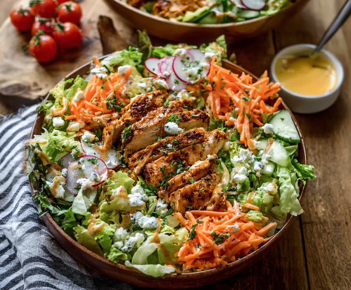 Creamy Buffalo Ranch Chicken Salad with Fresh Vegetables and Crispy Tortilla Chips