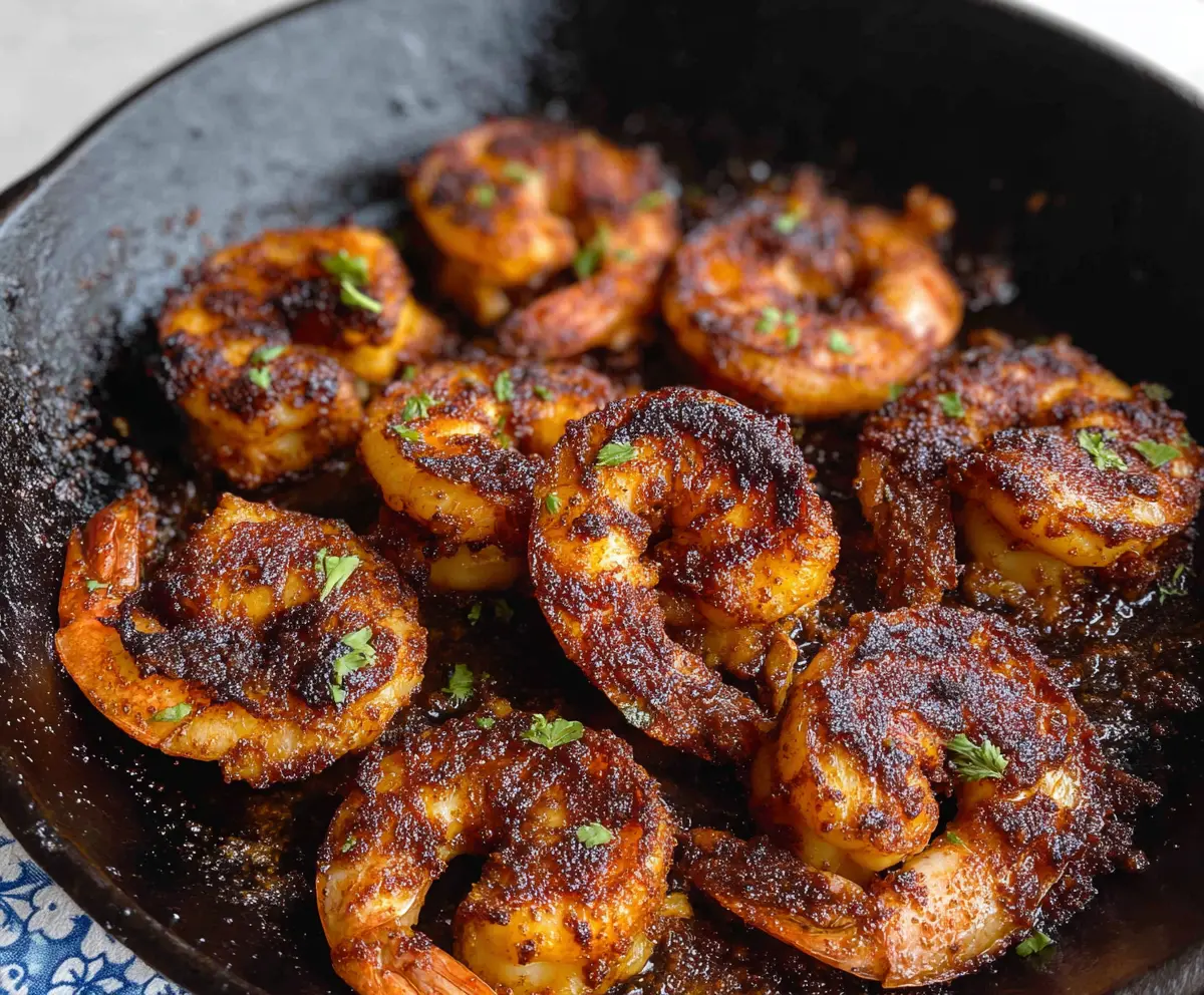 Delicious Cajun Blackened Shrimp served on a plate with lemon wedges