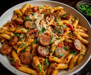 Delicious Cajun sausage pasta with vibrant spices and creamy sauce on a plate.