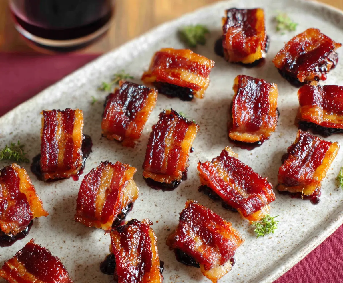 Sweet and savory candied bacon bites garnished with caramelized sugar and served as an appetizer.