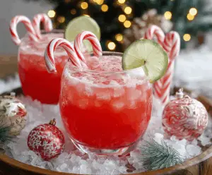 Festive Candy Cane Punch Mocktail served in a clear glass with holiday decorations, perfect for Christmas parties.