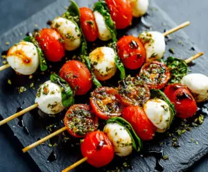 Colorful Caprese skewers with cherry tomatoes, fresh mozzarella, and basil leaves on wooden sticks.