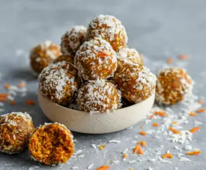 Healthy carrot cake energy bites with grated carrots and nuts in a clear bowl