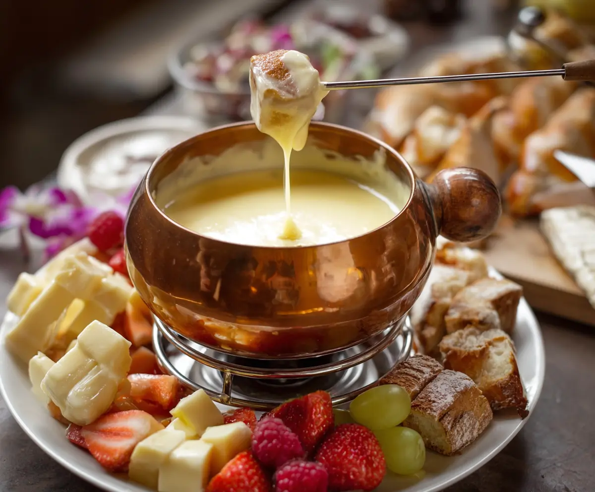 Delicious cheese fondue served in a bowl with fresh bread and vegetables for dipping.