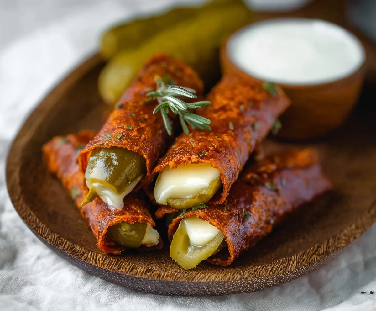 Crispy cheese wrapped pickles served on a plate, perfect as a snack or appetizer.