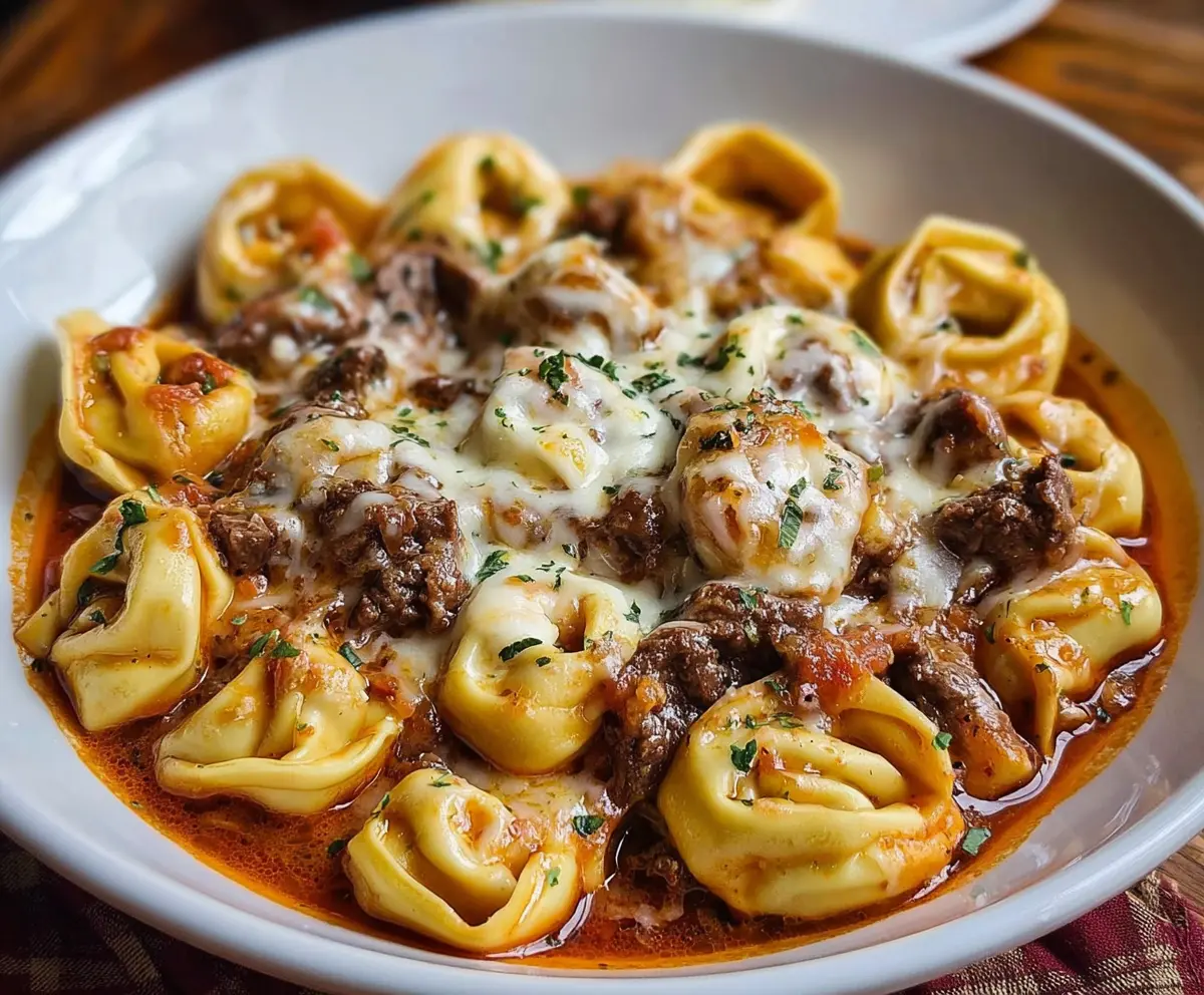 Delicious cheesesteak tortellini with melted cheese and tender steak pieces on a plate.