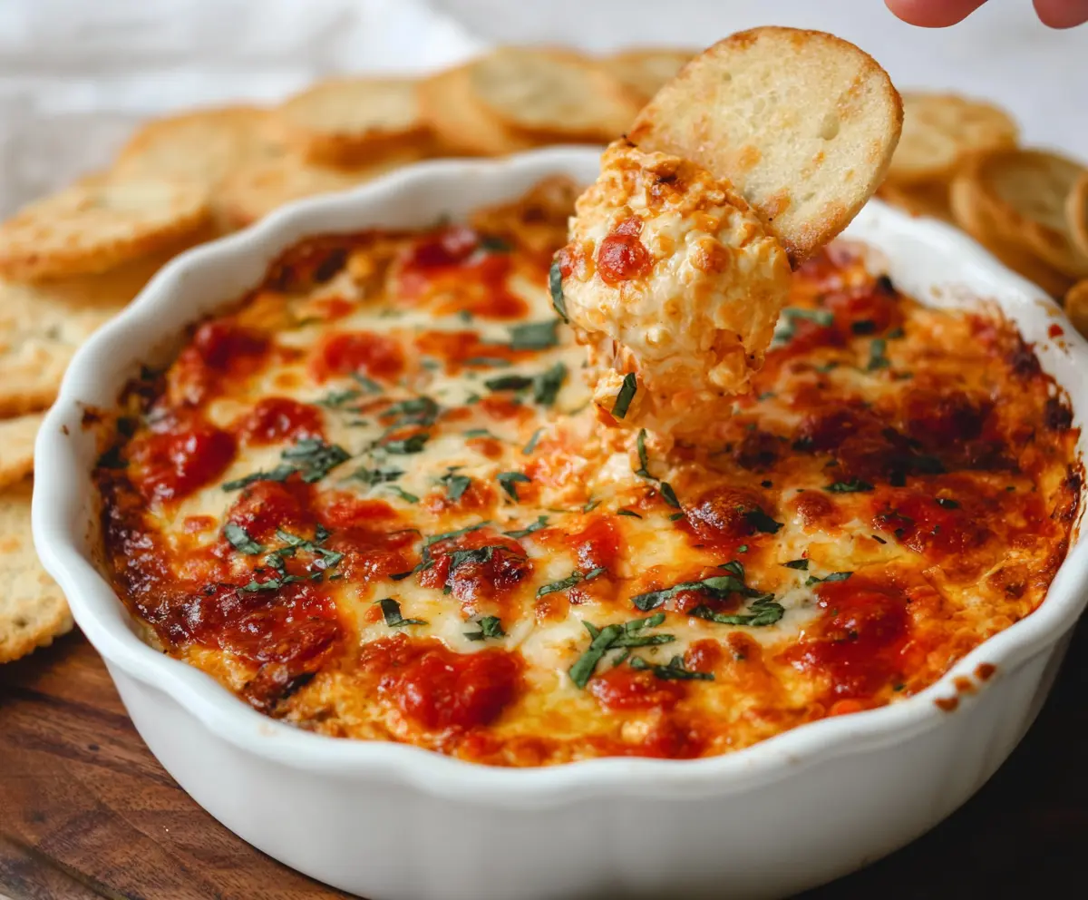Delicious cheesy baked pizza dip served in a bowl with melted cheese and pepperoni slices