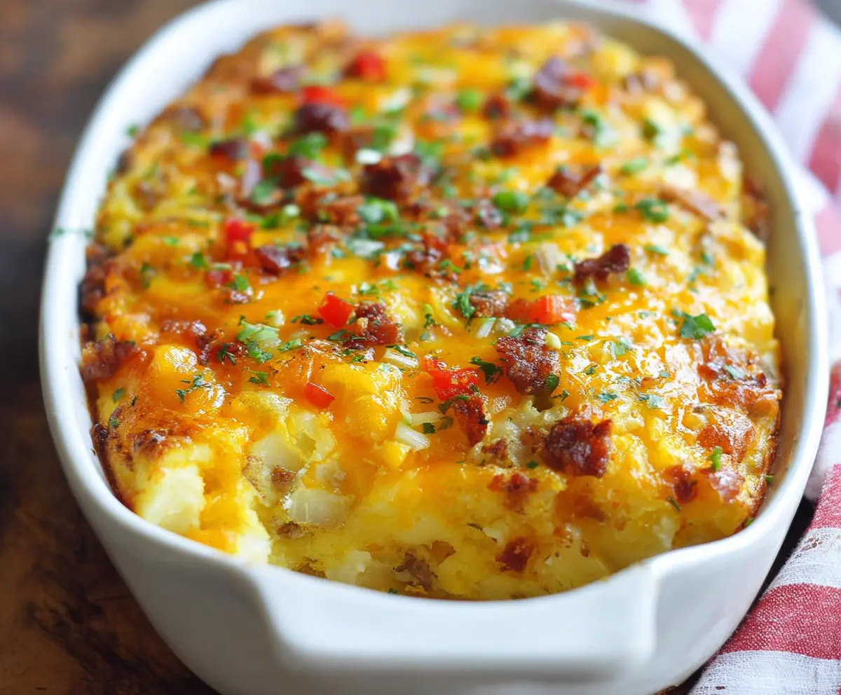 Delicious cheesy potato breakfast casserole topped with melted cheese and fresh herbs