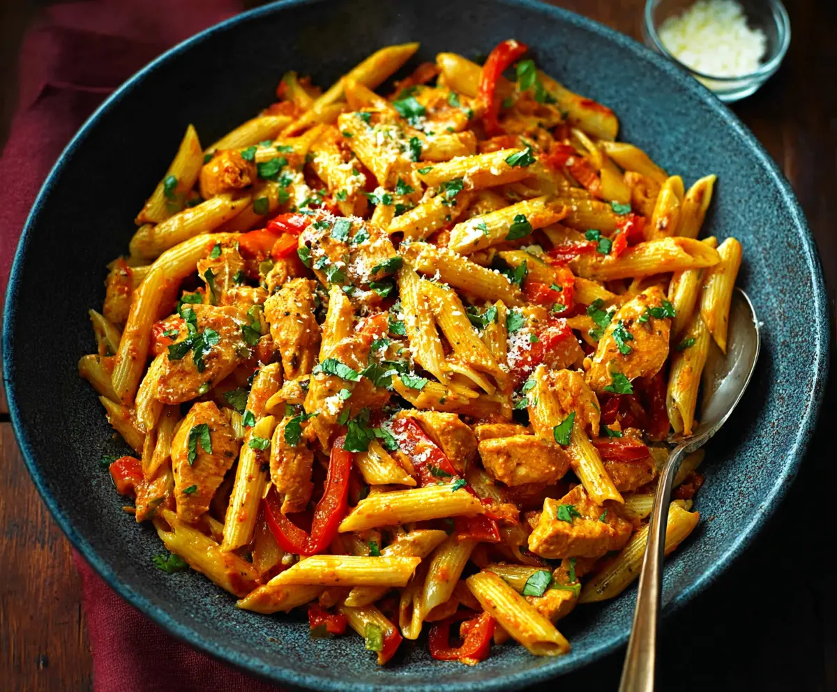 Delicious chicken fajita pasta with colorful bell peppers and melted cheese