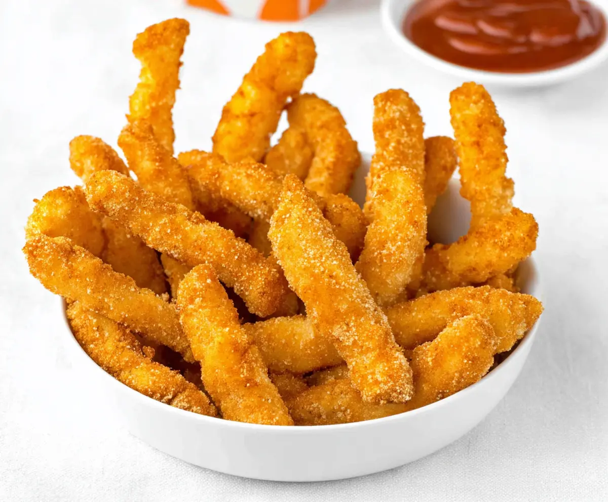 Crispy chicken fries served with dipping sauce on a plate, perfect for snacks or kids' meals.