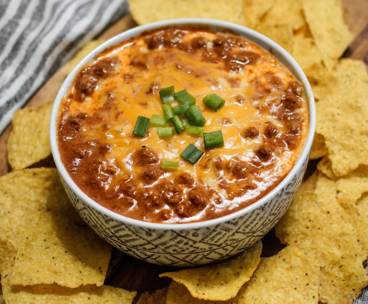 Creamy chili cheese dip served with tortilla chips, perfect for parties and gatherings.