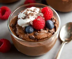 Creamy homemade chocolate protein pudding topped with fresh berries