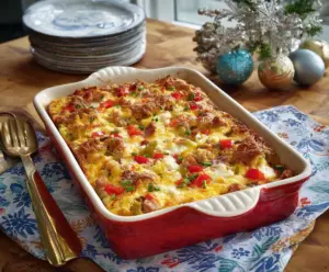 Delicious Christmas Breakfast Casserole with eggs, cheese, and holiday ham on a festive morning table.