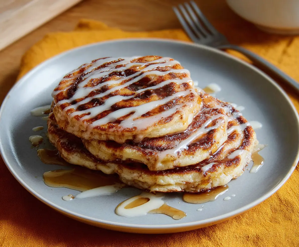 Delicious cinnamon swirl pancakes topped with syrup and fresh berries.