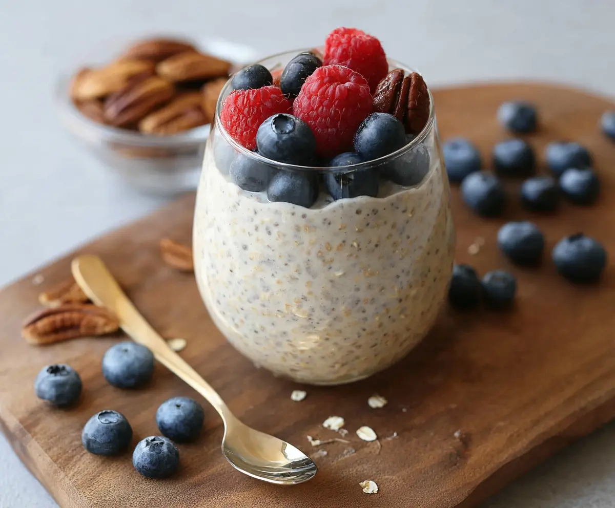 Creamy cinnamon vanilla overnight oats in a jar topped with fresh berries for a healthy breakfast.
