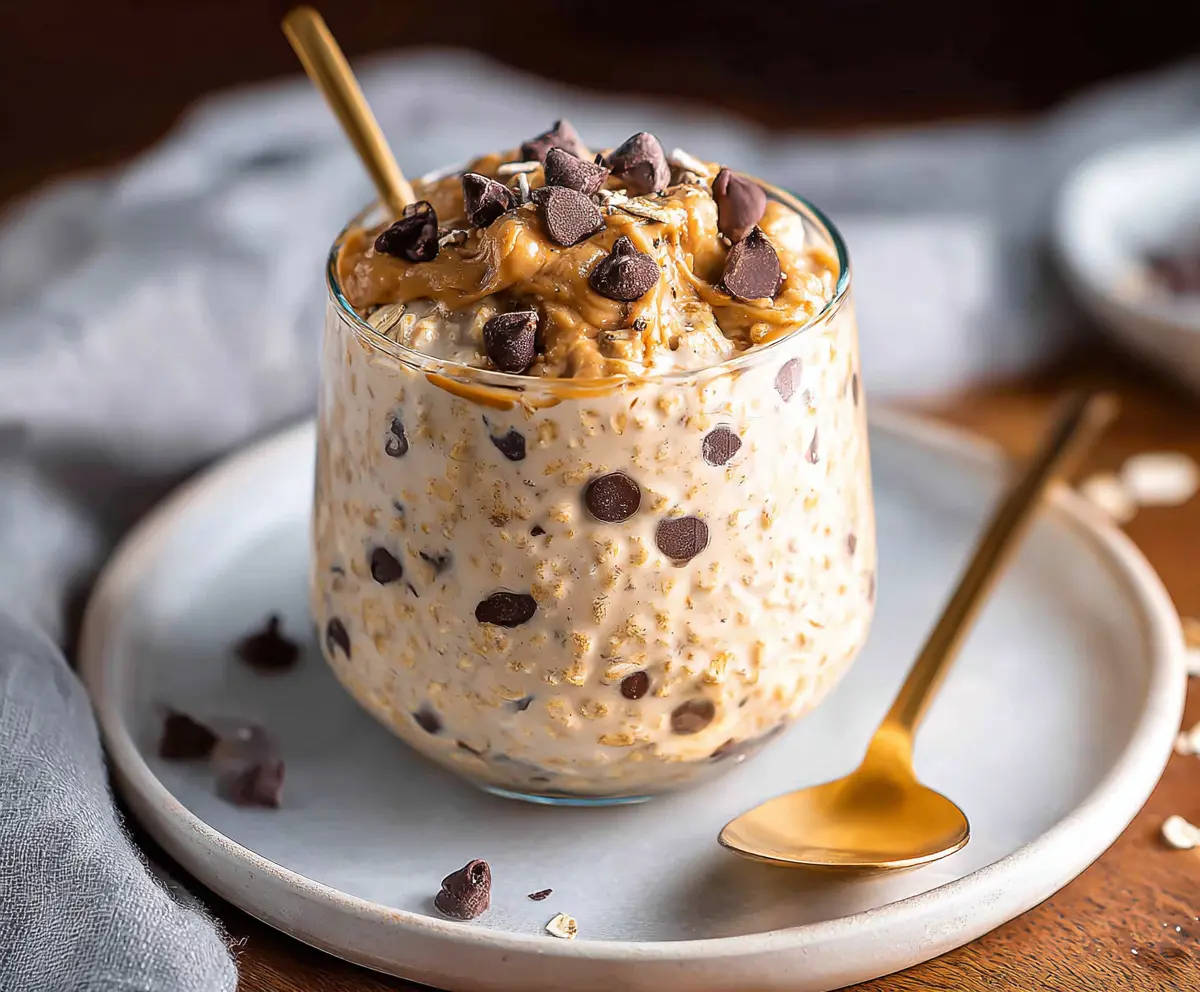 Creamy Cookie Dough Overnight Oats topped with chocolate chips and cookie crumbles in a glass jar.
