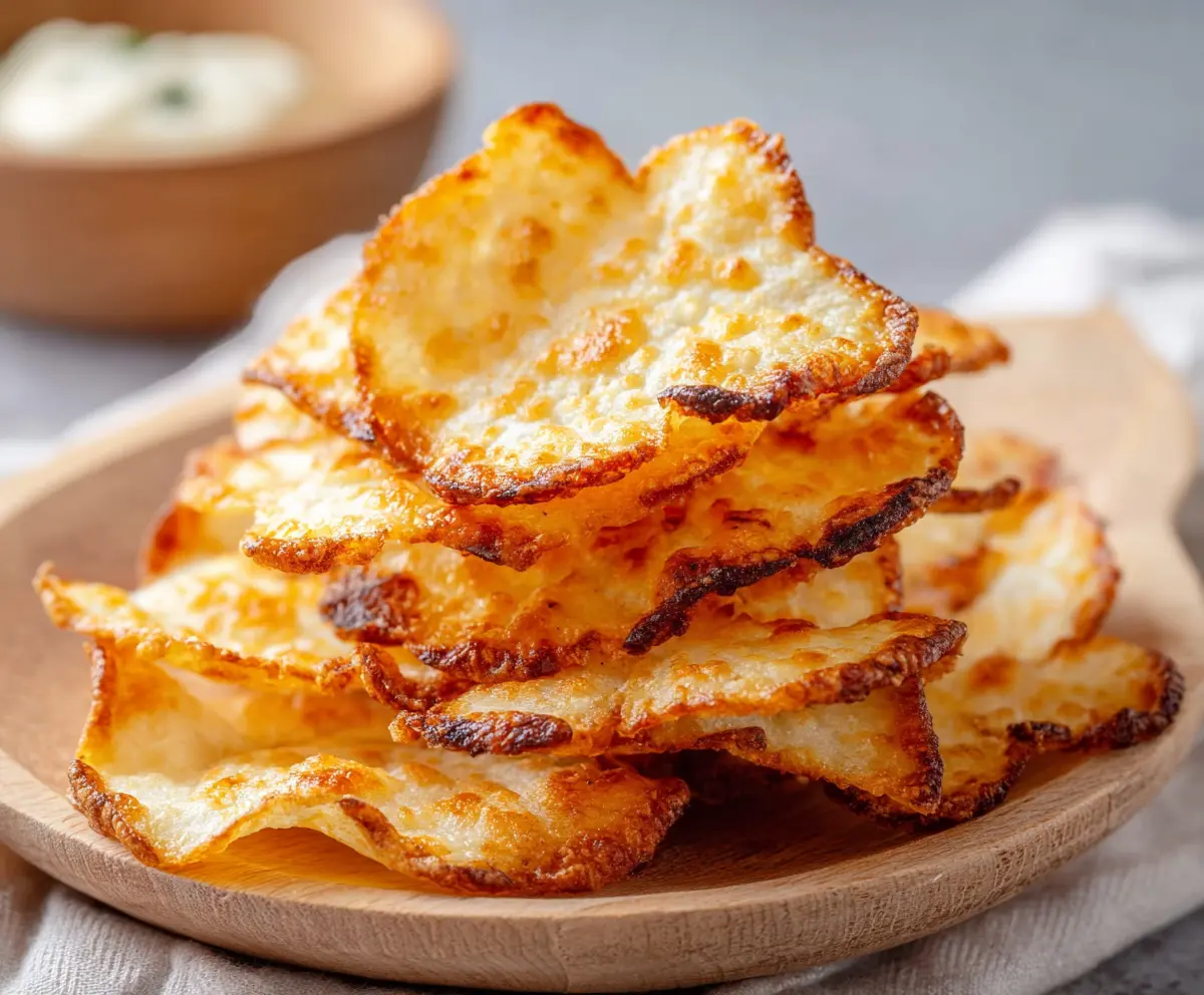 Crispy homemade cottage cheese chips on a plate, served as a healthy snack.