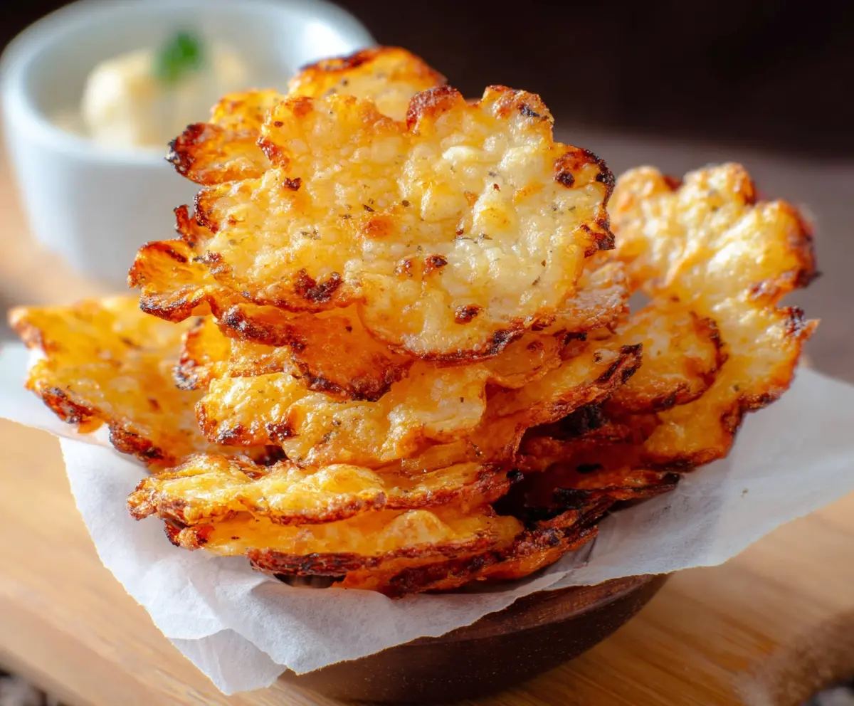 Crispy cottage cheese chips garnished with herbs on a white plate for a healthy snack.