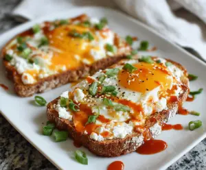 Delicious cottage cheese, egg, and sriracha protein toast served on a plate for a healthy breakfast.