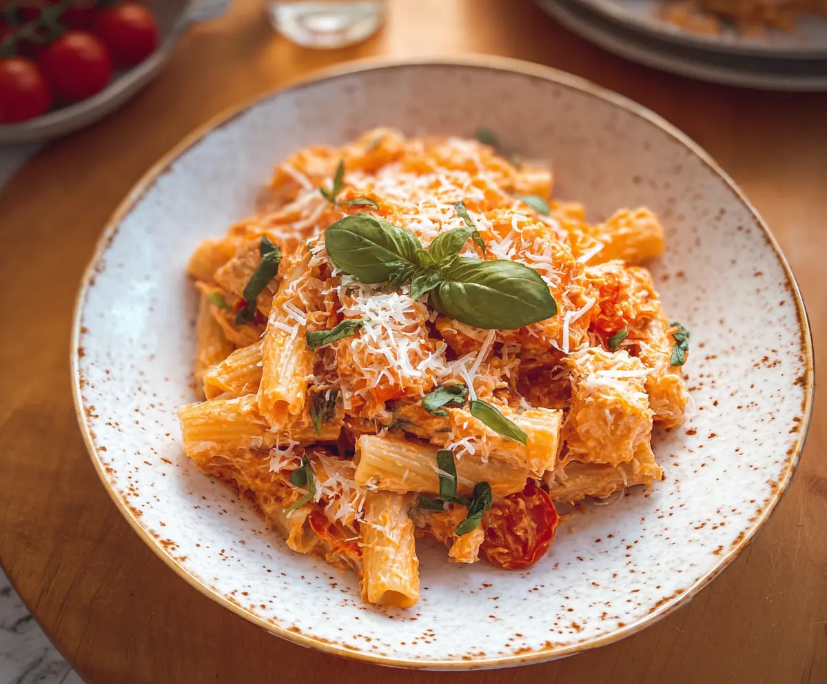 Delicious cottage cheese and tomato pasta served in a bowl, garnished with fresh herbs
