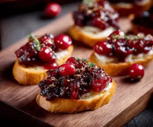 Delicious Cranberry Chutney Crostini topped with fresh herbs on a rustic plate