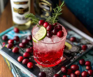 Refreshing Cranberry Gin and Tonic cocktail served in a glass with fresh cranberries and lime slices.