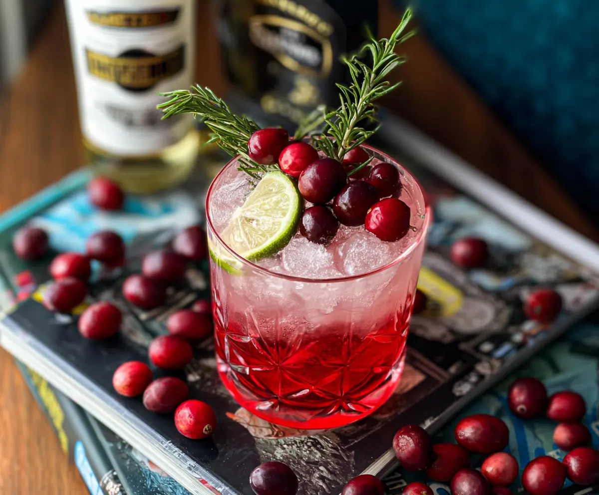 Refreshing Cranberry Gin and Tonic cocktail served in a glass with fresh cranberries and lime slices.