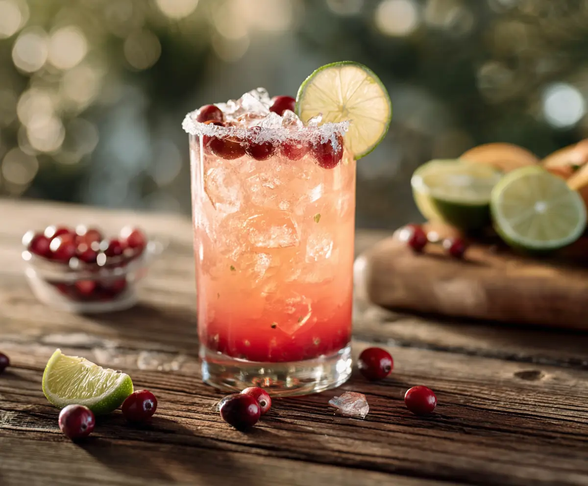 Refreshing Cranberry Ginger Paloma cocktail garnished with fresh cranberries and lime slice.
