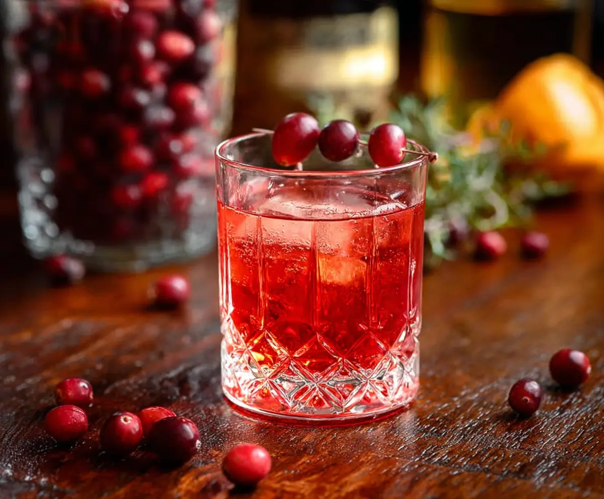 Cranberry Negroni cocktail garnished with fresh cranberries and orange peel, served in a glass on a stylish bar counter