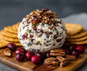 Festive Cranberry Nut Cream Cheese Ball with fresh cranberries and chopped nuts for holiday appetizer