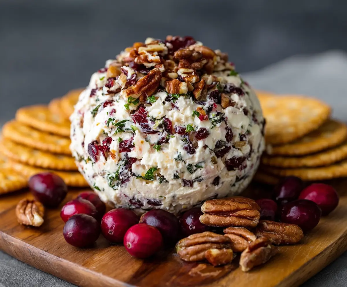 Festive Cranberry Nut Cream Cheese Ball with fresh cranberries and chopped nuts for holiday appetizer