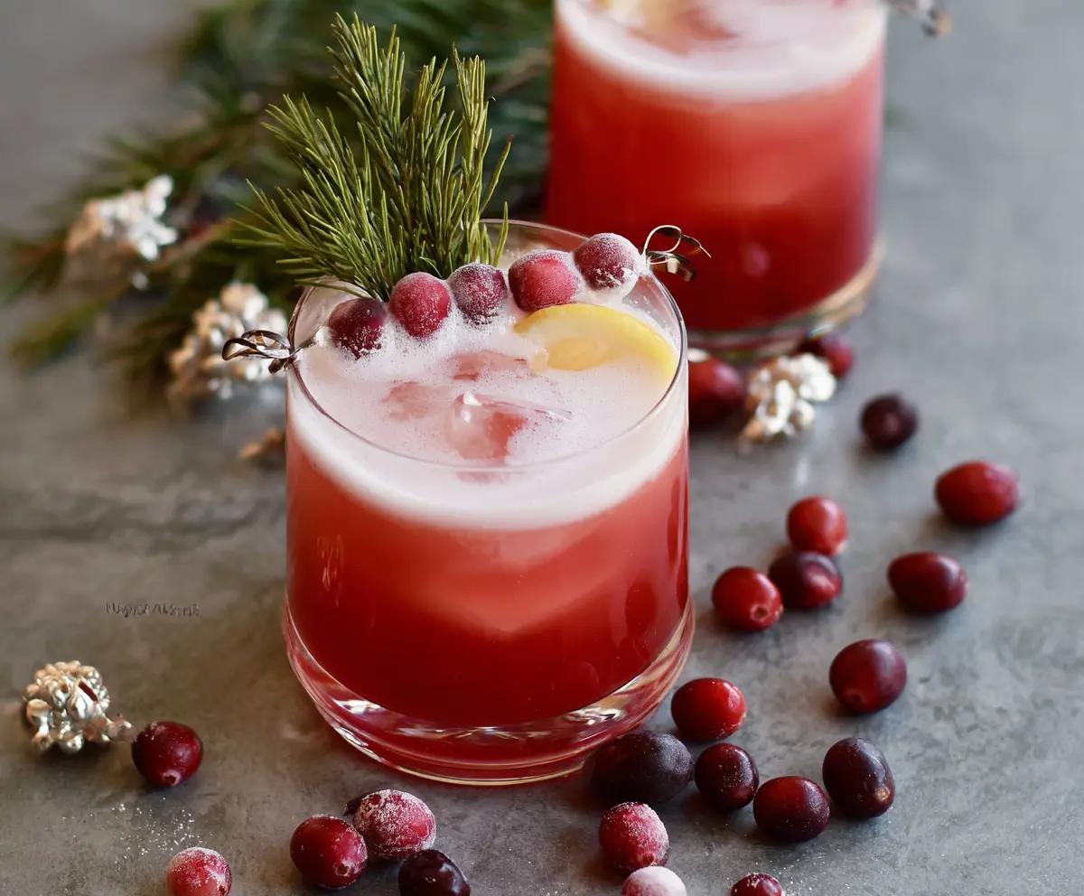 Refreshing Cranberry Whiskey Sour cocktail garnished with fresh cranberries and lemon slice.